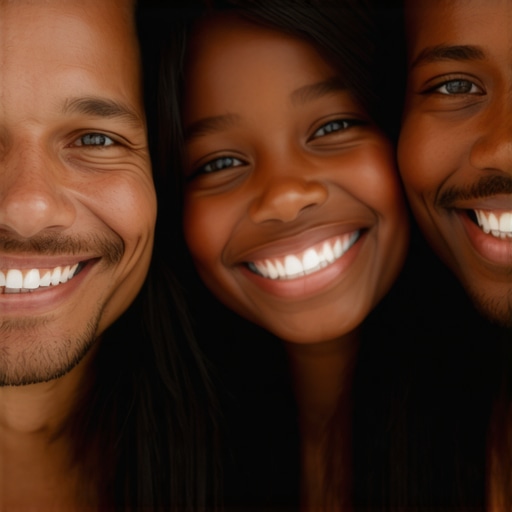 Happy family with healthy, bright smiles demonstrating effective dental care.