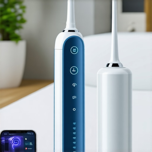 Modern dental technology with AI diagnostics, ultrasonic water flosser, and smartphone app in a sleek bathroom