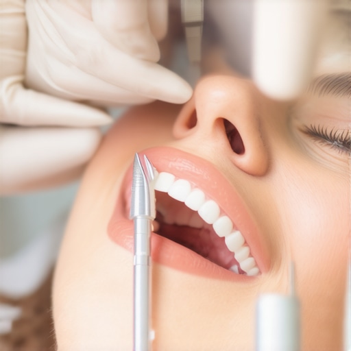 Dentist inspecting a patient's dental crowns with advanced dental tools.