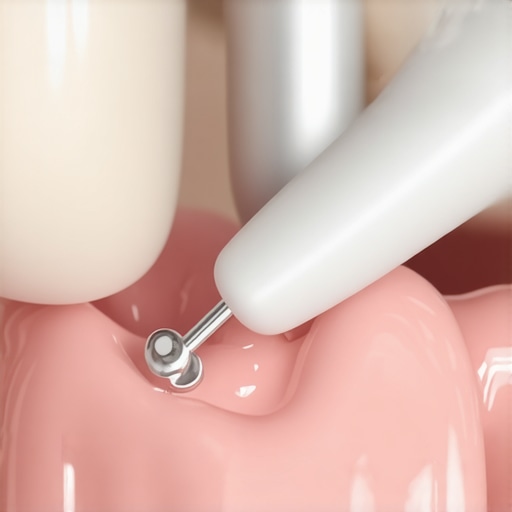 Dentist examining a dental crown with precision tools in a modern clinic.