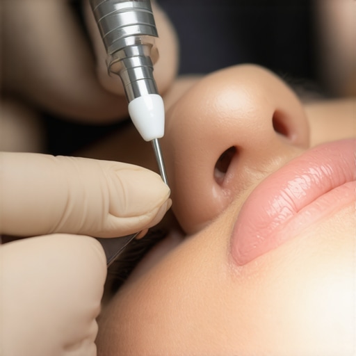 Dental professional fitting a porcelain crown on a patient's tooth.