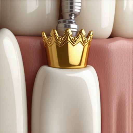 Close-up of a dentist fitting a porcelain dental crown onto a patient's tooth