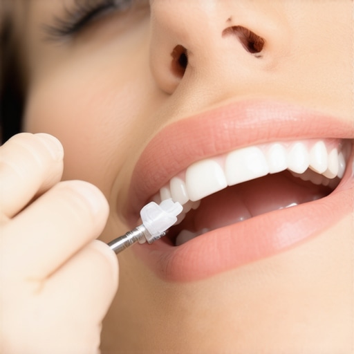 Close-up of a dentist fitting a porcelain crown on a patient's prepared tooth.