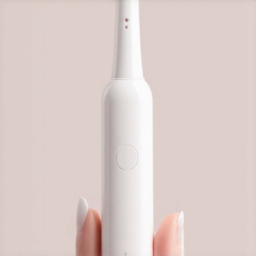 Person using an electric toothbrush to clean their dental crown and natural teeth.