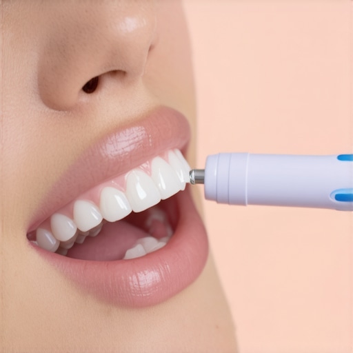 Person using a water flosser around dental crowns to maintain oral health.