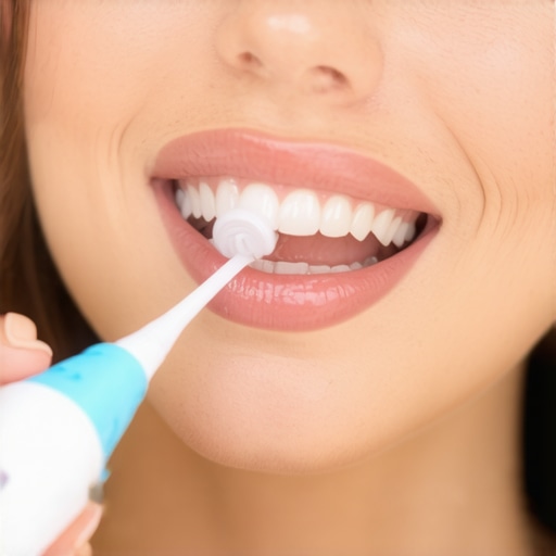 Person using sonic toothbrush and water flosser for dental health with crowns