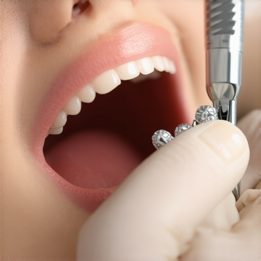 Dentist fitting a custom crown on a patient's tooth in a clinic