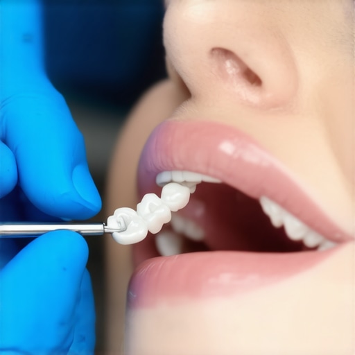 Dentist fitting porcelain crown onto patient's tooth in a clinic