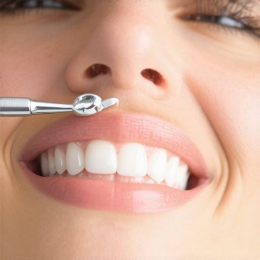 Dentist fitting a porcelain crown on patient’s tooth during dental procedure.