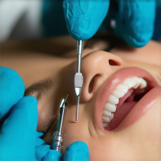 A dentist carefully fits a porcelain crown onto a patient's prepared tooth in a dental clinic.