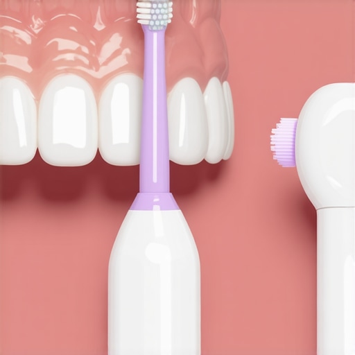 Person cleaning dental crowns with sonic toothbrush and water flosser for optimal oral health.