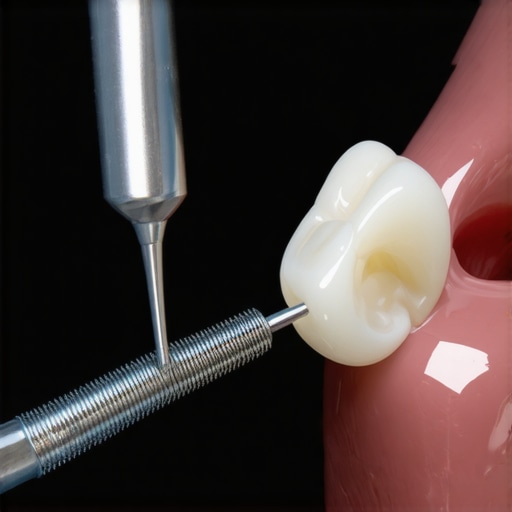 Dentist carefully fitting a ceramic crown onto a patient's tooth