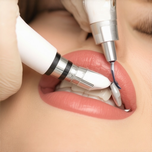 Professional Dental Cleaning with Ultrasonic Scaler Dental hygienist using ultrasonic scaler for crown maintenance