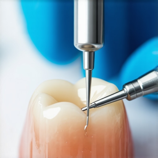 Dentist carefully applying bonding agent to a prepared tooth for crown placement.