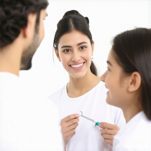 Dentist explaining dental crown options to a family in a dental clinic environment