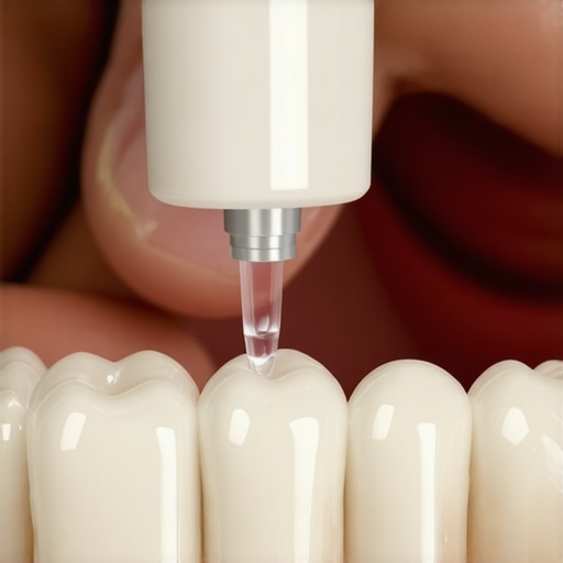 A person using a water flosser to clean around a dental crown to prevent plaque buildup.