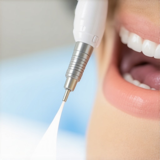 Dentist using high-tech UV curing light to set dental filling