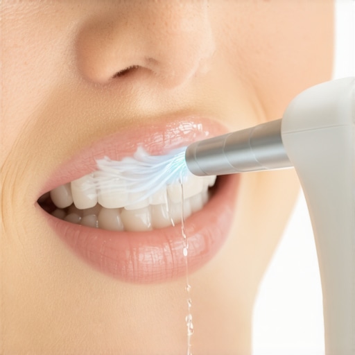 Person using a water flosser around dental crowns, showcasing modern dental maintenance technology.