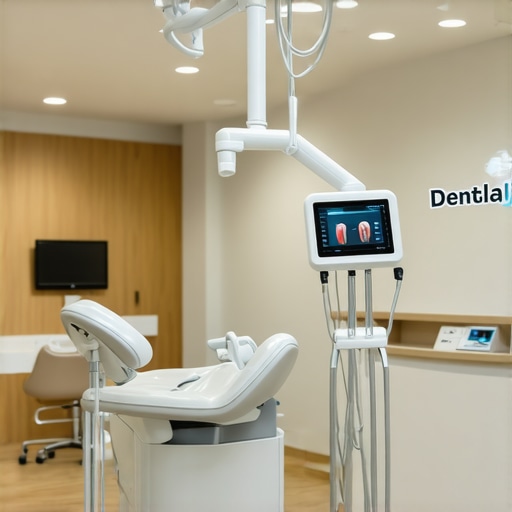 A dentist operating a 3D bio-data scanner with AI diagnostic systems in a modern clinic.