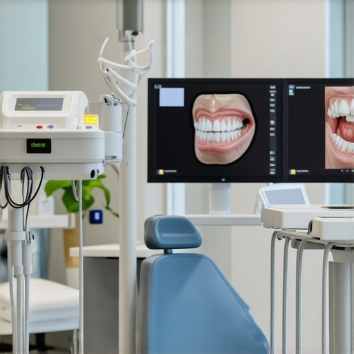 A dental clinic equipped with high-tech diagnostic tools, digital 3D imaging screens, and AI interfaces, illustrating cutting-edge family dentistry.