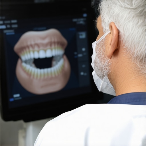 Dentist demonstrating digital scans and AI diagnostics for dental crowns to a patient.