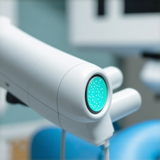 A dentist using digital bio-scanning and AI diagnostic tools during a patient consultation in a high-tech dental clinic.