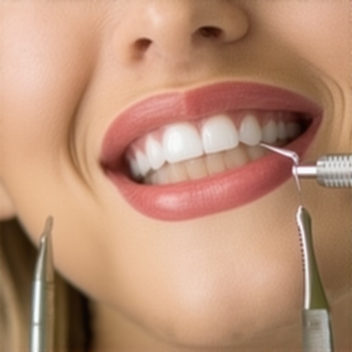 Close-up of a dentist inspecting a patient's tooth for cracks or leaks in the filling.
