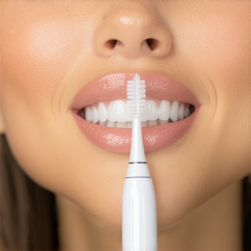Person demonstrating use of sonic toothbrush and water flosser for crown maintenance.