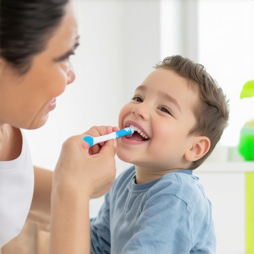 Parent and child brushing teeth together happily