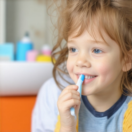 Parent and child brushing teeth together in a bright, cheerful bathroom