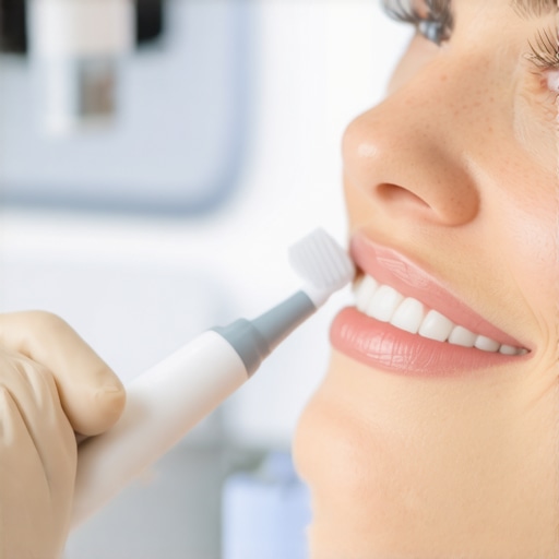 Advanced dental cleaning tools in action A dentist demonstrating the use of a sonic toothbrush to a patient in a clinical setting.