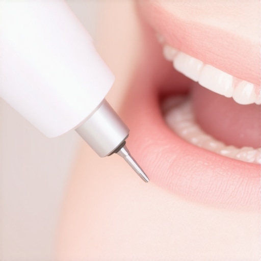 A dental professional using a high-tech intraoral scanner to examine a patient's teeth.