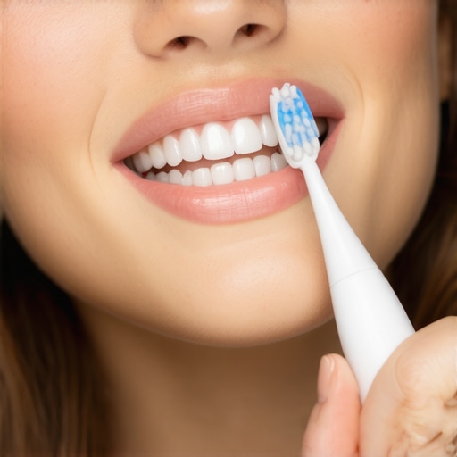 Person demonstrating the use of a sonic toothbrush and interdental cleaner for oral health