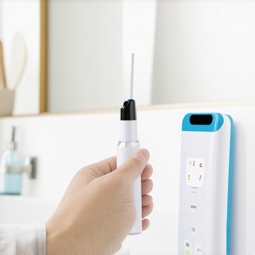 Person cleaning teeth with water flosser and monitoring app