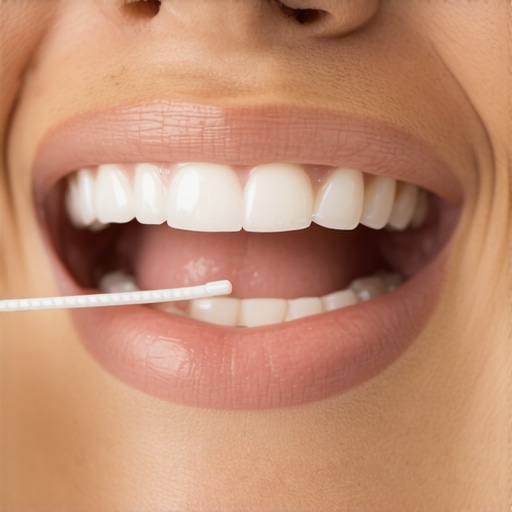 Person demonstrating proper flossing method to clean between back teeth