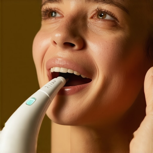 Person brushing their teeth with a modern pressure-sensitive electric toothbrush