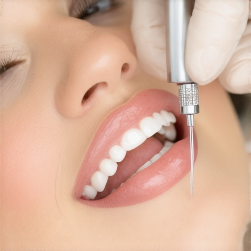 Dentist fitting a dental crown on a patient's tooth in a professional dental office