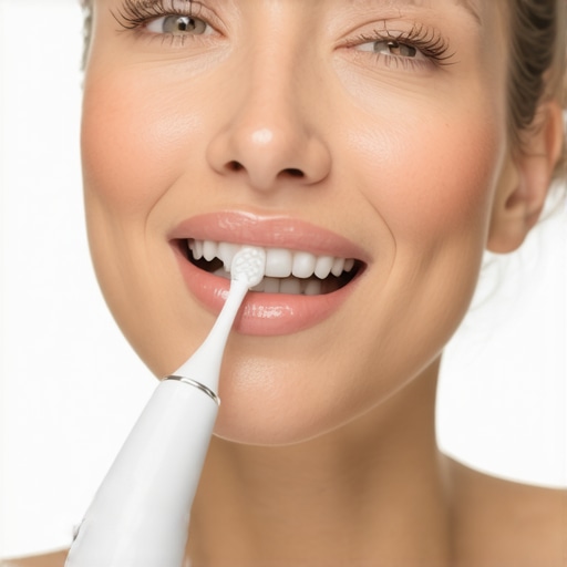 Person gently brushing gums with an electric toothbrush in a bathroom.