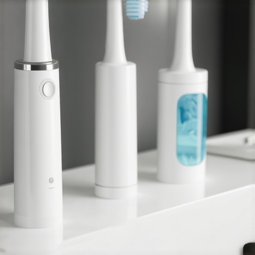 High-tech dental cleaning devices including sonic toothbrush and water flosser on a bathroom counter.