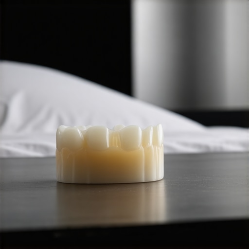 A close-up of a clean, well-fitted dental night guard on a bedside table.
