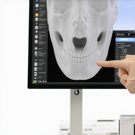 A 360-degree digital 3D scan of teeth on a monitor used for checking dental crown integrity.