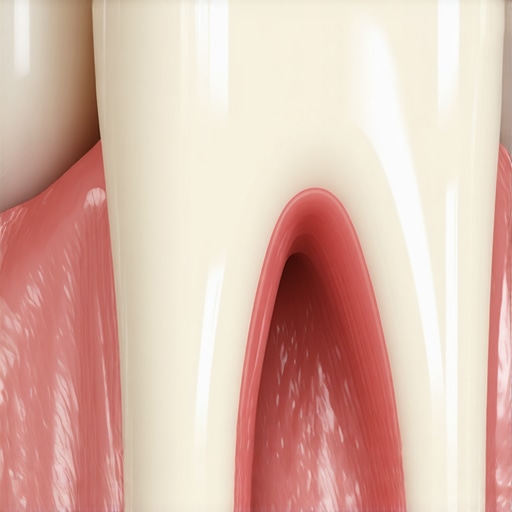 Close-up 3D dental scan showing internal tooth structure and crown placement.