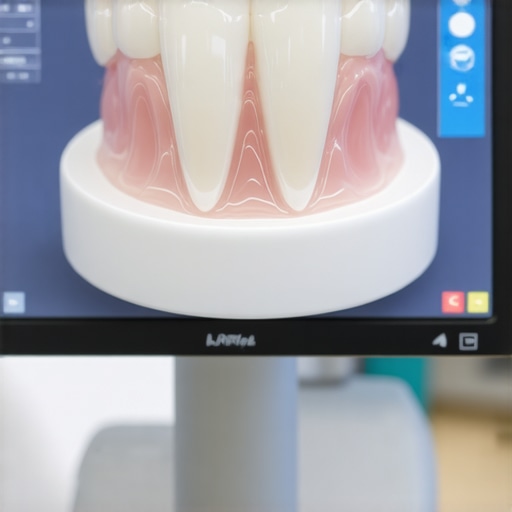 A high-precision 3D dental scan showing the intersection of a crown and gum line.