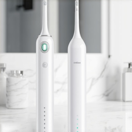 High-tech electric toothbrush and water flosser on a bathroom counter