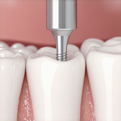 Water flosser cleaning a dental implant crown at the gumline