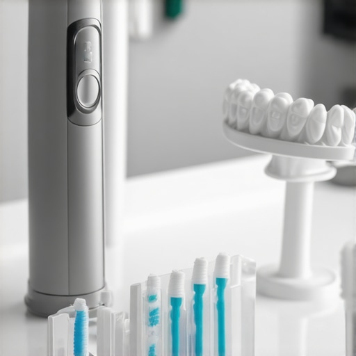 Professional dental maintenance tools including a water flosser and interproximal brushes on a bathroom counter.
