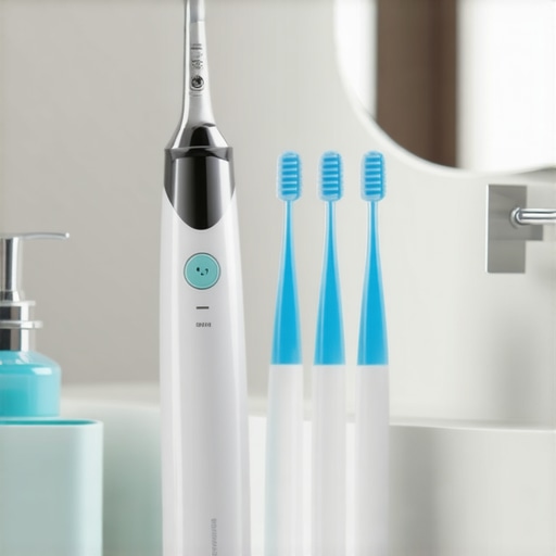 A collection of professional-grade dental tools including a water flosser and electric toothbrush on a marble counter.