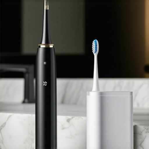 Sonic toothbrush and water flosser on a bathroom counter representing long-term dental care.