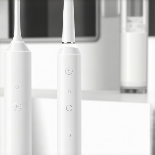 Electric toothbrush and water flosser on a modern bathroom counter