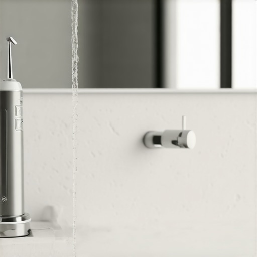 A modern water flosser on a white bathroom counter illustrating dental maintenance.